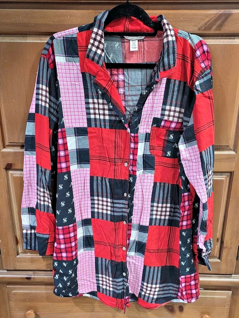 Victoria's Secret Patchwork Plaid Flannel Button-Down Sleep Shirt XL